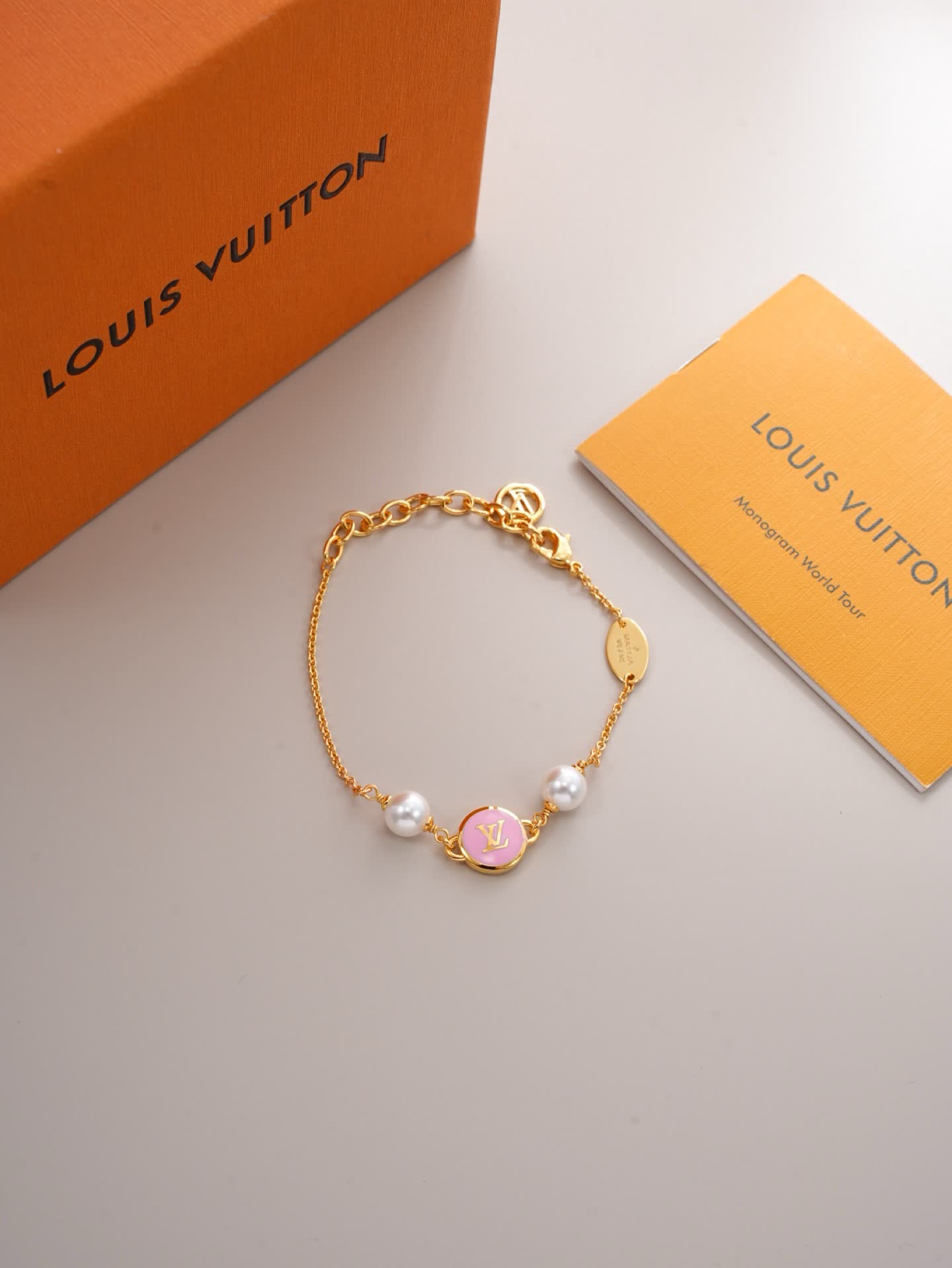 Louis Vuitton Pink Enamel Logo Bracelet with Pearls